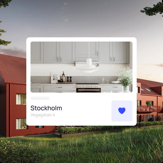 Visningsbild av en bostad i Stockholm, med sparfunktion markerad med ett hjärta.